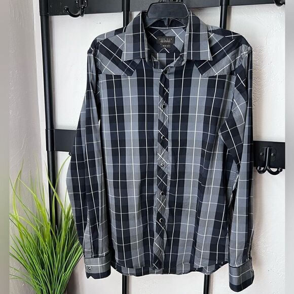 Zara Man plaid button down shirt Navy Grey slim fit size XL - Picture 7 of 16